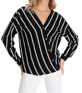 AjC Damen gestreifte Wickelbluse leichte Sommer-Bluse Freizeit-Bluse mit Knopfleiste 29937205 Schwarz/Weiß