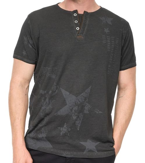 Men's T-shirt with skull print and button placket, cotton shirt, round neck shirt R-15290 Black