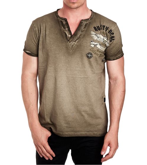 Herren Shirt im Vintage-Stil Commander Print Kurzarm-Shirt Rundhals Baumwoll-Shirt R-15046 Khaki