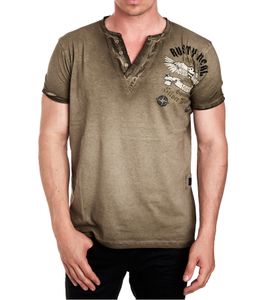 Camisa de manga larga para hombre estilo vintage Camisa de manga larga con estampado Commander Camisa de algodón con cuello redondo R-15046 Caqui