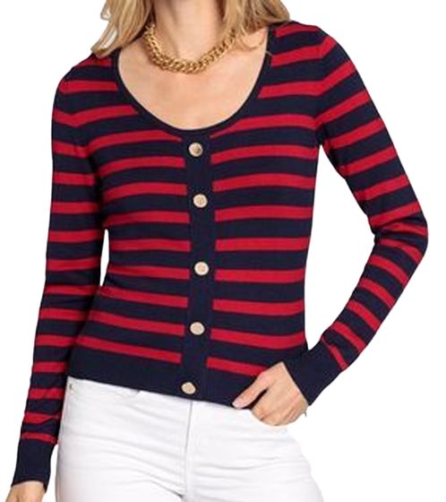 DELMAO Women's Knit Sweater with Decorative Button Placket, Everyday Sweater, 23147124 Red/Dark Blue