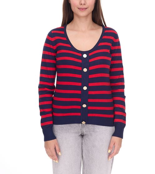 DELMAO Damen Strick-Pullover mit Zierknopfleiste Alltags-Pullover Sweater 23147124 Rot/Dunkelblau