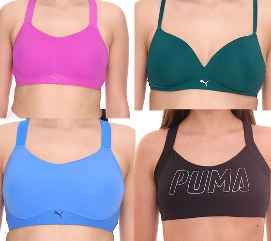 PUMA Women's Sports Bra, Soft Padded Training Bra in Green, Active Bra in Pink or Blue, Training Bra in Black