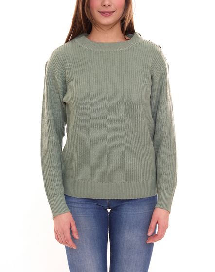 Tamaris women's knitted sweater with decorative buttons on the shoulder, round neck sweater 74057903 Green