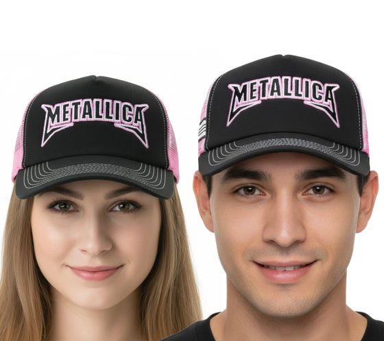 Metallica Metal-Band Baseball-Cap Baumwoll-Cap mit „Metallica“ Stickerei Trucker-Cap Fan-Mütze 2528MET Schwarz/Rosa/Weiß