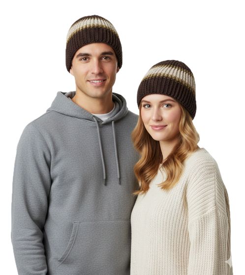 kuschelige Häkel-Mütze Winter-Mütze weiche Strick-Mütze mit Streifen Baumwoll-Mütze 7315GUY Braun/Weiß/Grün
