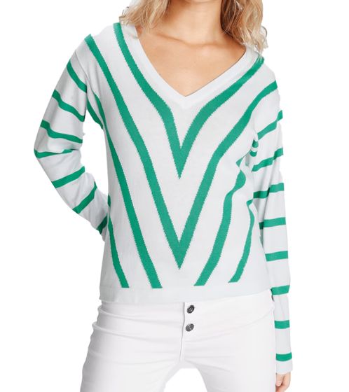 AjC Damen Feinstrick-Pullover V-Ausschnitt Shirt leichter Frühlings-Pulli 68170465 Weiß/Grün