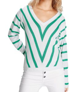 AjC Damen Feinstrick-Pullover V-Ausschnitt Shirt leichter Frühlings-Pulli 68170465 Weiß/Grün