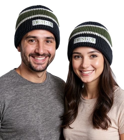 Trust Co Unisex Häkel-Mütze Winter-Mütze weiche Strick-Mütze mit Streifen Baumwoll-Mütze 1551TRT Navy/Weiß/Grün