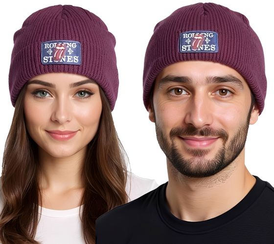 Rolling Stones Beanie kuschelige Frühlings-Mütze gemütlicher Strick-Beanie Fan-Artikel KC100589RST Weinrot/Blau