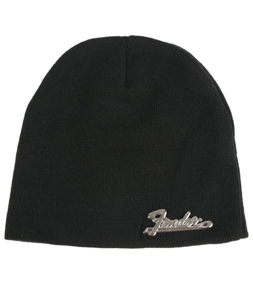 Fender Beanie mit Metall-Logo Strick-Mütze vom bekannten Gitarren-Hersteller Fan-Beanie KC230303FEN Schwarz