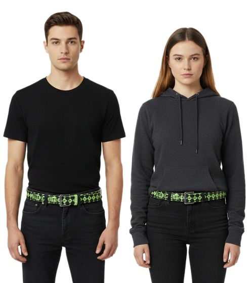 Cintura dei FALL OUT BOY della band alternative rock per uomo e donna, taglia unica, 100 cm, con motivo a rombi e scritta, cintura casual, nero/verde