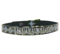 FALL OUT BOY belt by the alternative rock band for men and women, one size fits all, 100 cm, with a diamond pattern, embossing, and lettering, casual belt, black/green/blue