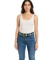 FALL OUT BOY belt by the alternative rock band for men and women, one size fits all, 100 cm, with a diamond pattern, embossing, and lettering, casual belt, black/green/blue