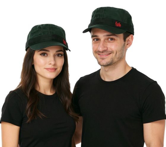 KORN Unisex Cotton Cap in a Military Cut with a Slightly Curved Cut, Black/Red
