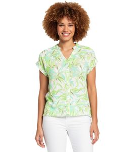 BOYSEN'S Women's Blouse Top with Tropical All-Over Print, Short-Sleeved Shirt, 92863843, Green/White/Gray