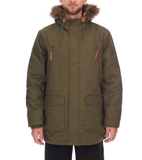 Herren Parka mit Fellkapuze längere Jacke im Military Look Baumwoll-Jacke 940163 Khaki-Grün