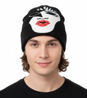 KISS Beanie with Large Front Print, Knitted Hat, Fan Beanie with Logo on the Neck, SK162060KIS Black