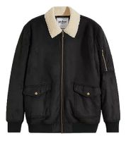 Giacca da pilota da uomo in similpelle sostenibile, elegante bomber con colletto teddy, 952454 Nero Giacca da pilota da uomo in similpelle sostenibile, elegante bomber con colletto teddy, 952454 Nero