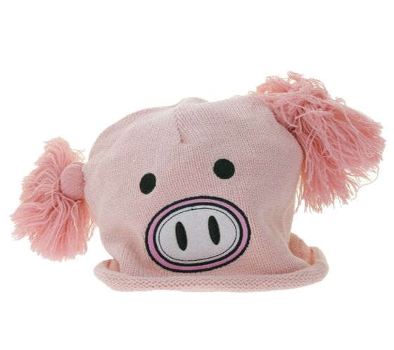 Piggy Beanie Hat for Teenagers with Pompoms and a Cute Face on the Front BE170080PLW Pink