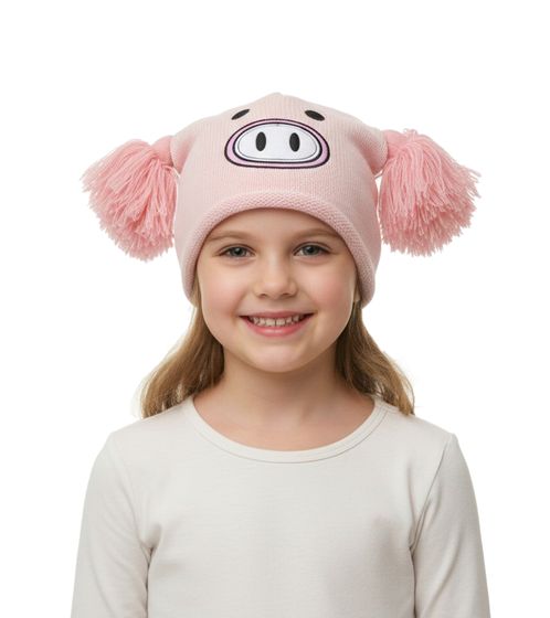 Schweinchen Mütze Teenager Beanie mit Bommeln und niedlichem Gesicht vorne BE170080PLW Rosa