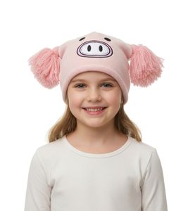 Gorro Piggy para Adolescentes con Pompones y una Carita Adorable en la Parte Delantera BE170080PLW Rosa