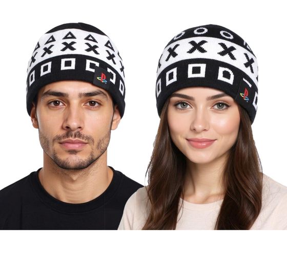 Berretto PlayStation con simboli PlayStation, cappello da gaming, berretto lavorato a maglia, fan merchandise KC042612SNY, nero/bianco