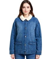Veste en jean oversize pour femme avec col en fourrure amovible et doux, veste de mi-saison 946445 Bleu Veste en jean oversize pour femme avec col en fourrure amovible et doux, veste de mi-saison 946445 Bleu
