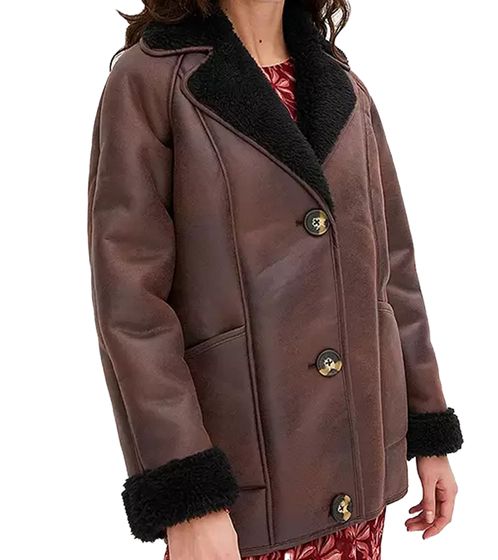 Sustainable Women's Faux Leather Jacket with Faux Lambskin Collar, Oversized Jacket 950768 Brown