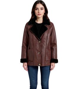 Giacca in similpelle da donna sostenibile con collo in finta pelle di agnello, giacca oversize 950768 Marrone Giacca in similpelle da donna sostenibile con collo in finta pelle di agnello, giacca oversize 950768 Marrone