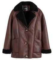 Veste en similicuir durable pour femme avec col en simili-agneau, veste oversize 950768 Marron Veste en similicuir durable pour femme avec col en simili-agneau, veste oversize 950768 Marron