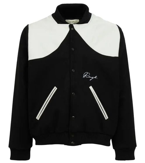 ROUGH. Men's Varsity Jacket with Leather Details, Stylish Leather Jacket, Black/White