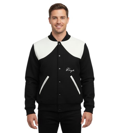 ROUGH. Men's Varsity Jacket with Leather Details, Stylish Leather Jacket, Black/White