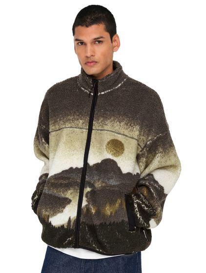 ONLY & SONS Blaze Aop Kapuzenpullover mit durchgehendem Reißverschluss in Aschenputtelbraun