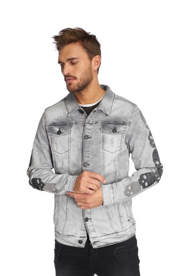 vsct Muscle Fit denim jacket with skull sleeves, grey