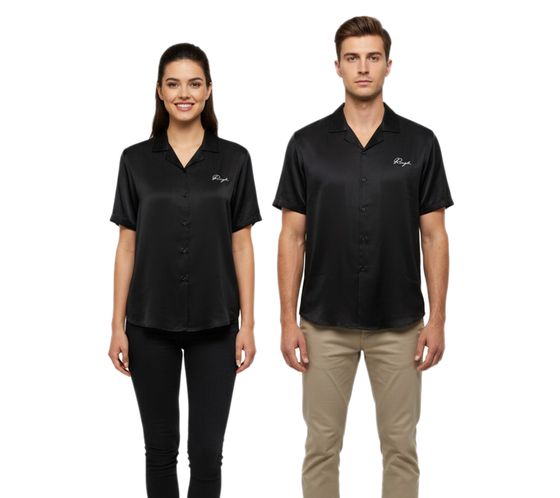 ROUGH. Camicia in seta, elegante camicia a maniche corte, camicie di flanella, nera