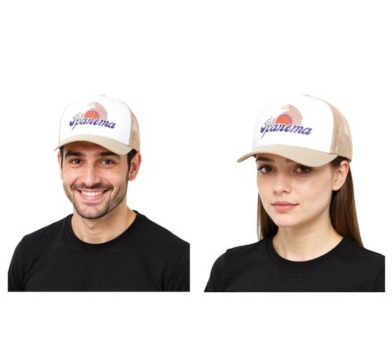 DWD Studioz Unisex Ipanema Trucker-Cap mit großer Stickerei Sommer-Cap für Damen oder Herren Hell-Beige