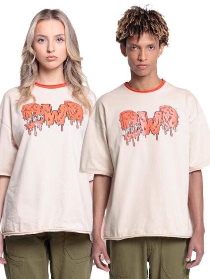 DWD Studioz Unisex Drip Logo T-Shirt for women or men with logo front print round neck shirt beige