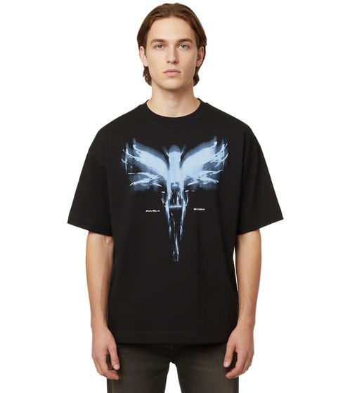 Favela Auree Herren T-Shirt mit blauem Flügel Print und Logo-Stickerein schwarz