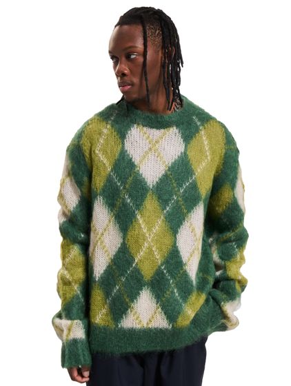 Marni Mohair Sweater Men's Argyle Pattern Fluffy Designer Crew Neck Sweater Made of Wool Oversized Knit Sweater Green