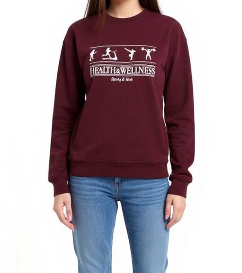Sporty & Rich Damen Rundhals-Sweatshirt mit Health Wellness-Print Baumwoll-Pullover Merlot/Weiß