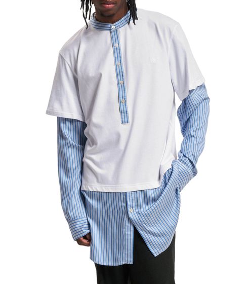 Wales Bonner Yé Yé Hybrid-Shirt Herren Hemd mit Seidenmischgewebe Langarm-Shirt Weiß/Blau