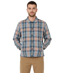 YMC Men's Bowling Shirt, Checked Cotton Shirt, Long-Sleeved Shirt, Blue/Orange