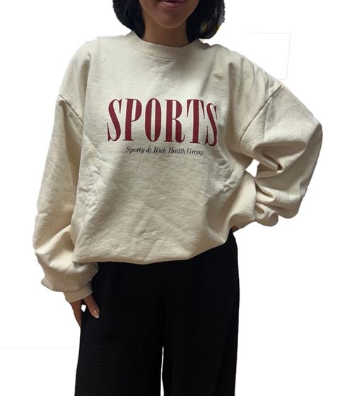 Sporty & Rich Unisex Crewneck Sweatshirt with Logo Lettering and Front Print, Cream/Maroon