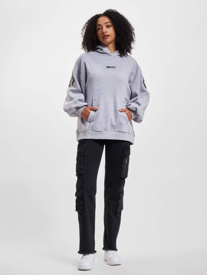 The Couture Club  Oversize-Kapuzenpullover mit Couture-Print und Puffärmeln, Grau meliert