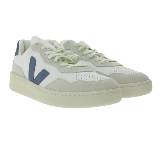 Sneakers da uomo VEJA V-90 con robusta suola in gomma, in vera pelle, bianco/grigio/blu