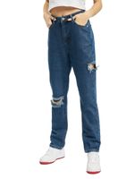 Missguided Petite straight leg jeans with thigh and knee split, blue