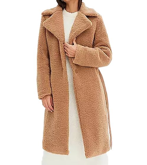 Sustainable Women's Coat, Long Teddy Fur Jacket, Everyday Coat, Cozy Basic Coat 947834 Brown
