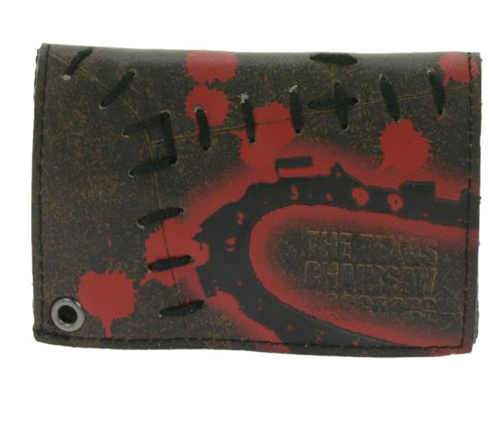 THE TEXAS GAINSAW MASSAGRE Leather Wallet with Red Speckled Motif, Metal Snap Fasteners, and Chain. Rocking Gothic Style. LW104782TCM Black/Red