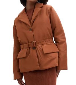 Sustainable Women's Jacket: Padded Blazer Jacket with Belt, Casual Jacket 944007 Brown